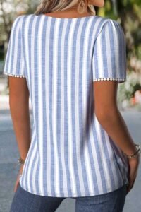 Blue Striped Pleated Short Sleeve Square Neck T Shirt