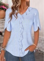 Blue Striped Ruffle Half Sleeve V Neck Blouse