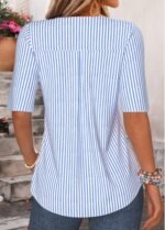 Blue Striped Ruffle Half Sleeve V Neck Blouse