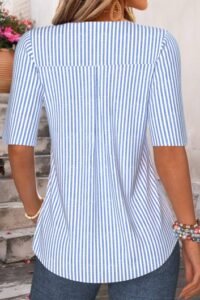 Blue Striped Ruffle Half Sleeve V Neck Blouse
