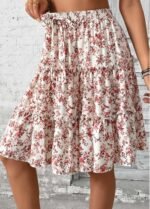 Brick Red Ditsy Floral Print A Line Skirt