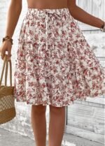 Brick Red Ditsy Floral Print A Line Skirt