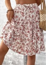 Brick Red Ditsy Floral Print A Line Skirt