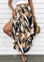 Dark Camel Bohemian Print A Line Elastic Waist Skirt