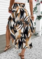 Dark Camel Bohemian Print A Line Elastic Waist Skirt