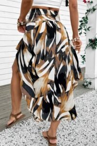 Dark Camel Bohemian Print A Line Elastic Waist Skirt