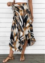 Dark Camel Bohemian Print A Line Elastic Waist Skirt