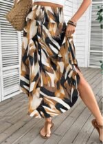 Dark Camel Bohemian Print A Line Elastic Waist Skirt