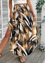 Dark Camel Bohemian Print A Line Elastic Waist Skirt