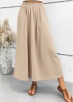 Light Camel Pocket A Line Elastic Waist Maxi Skirt