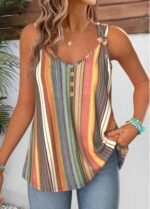 Multi Color Tummy Coverage Striped Strappy Tank Top