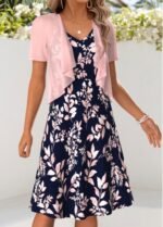 Pink Leaf Print Tummy Coverage Dress and Cardigan