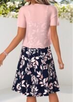 Pink Leaf Print Tummy Coverage Dress and Cardigan