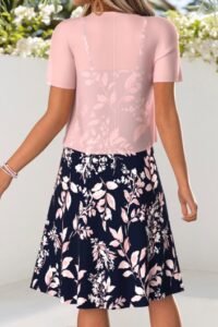 Pink Leaf Print Tummy Coverage Dress and Cardigan