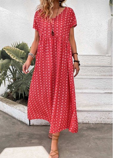 Red Pocket Geometric Print Maxi A Line Dress Red Pocket Geometric Print Maxi A Line Dress
