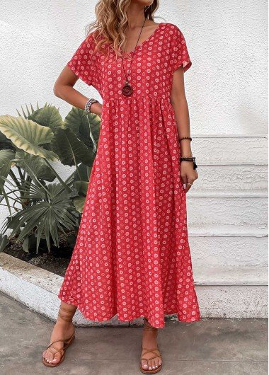 Red Pocket Geometric Print Maxi A Line Dress Red Pocket Geometric Print Maxi A Line Dress