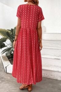 Red Pocket Geometric Print Maxi A Line Dress