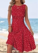 Red Polka Dot Shirred Sleeveless Round Neck Dress
