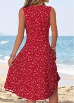 Red Polka Dot Shirred Sleeveless Round Neck Dress