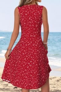 Red Polka Dot Shirred Sleeveless Round Neck Dress