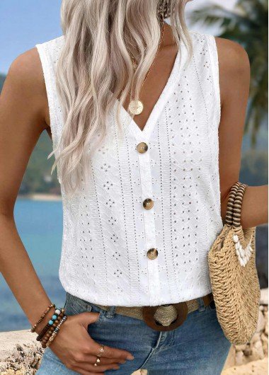 White Button Sleeveless V Neck Tank Top White Button Sleeveless V Neck Tank Top