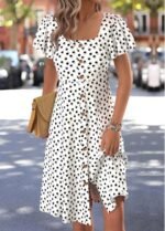 White Polka Dot Short Sleeve Square Neck Dress