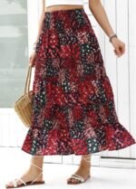 Wine Red Ditsy Floral Print A Line Skirt